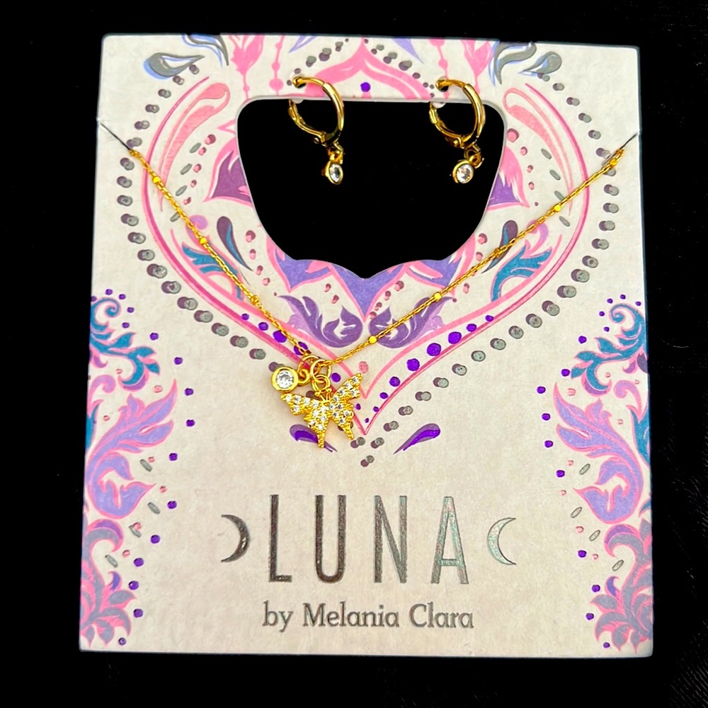Beautiful gold butterfly necklace with hoop earring set!